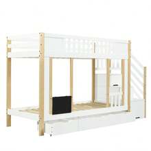 Bunk Bed, Children's Bed, Wardrobe With Ladder And Storage Function, Three Drawers With Wheels, Small Drawing Board, Pine + MDF + PB + Plywood, White + Natural, 90x200cm - 1 - View 10