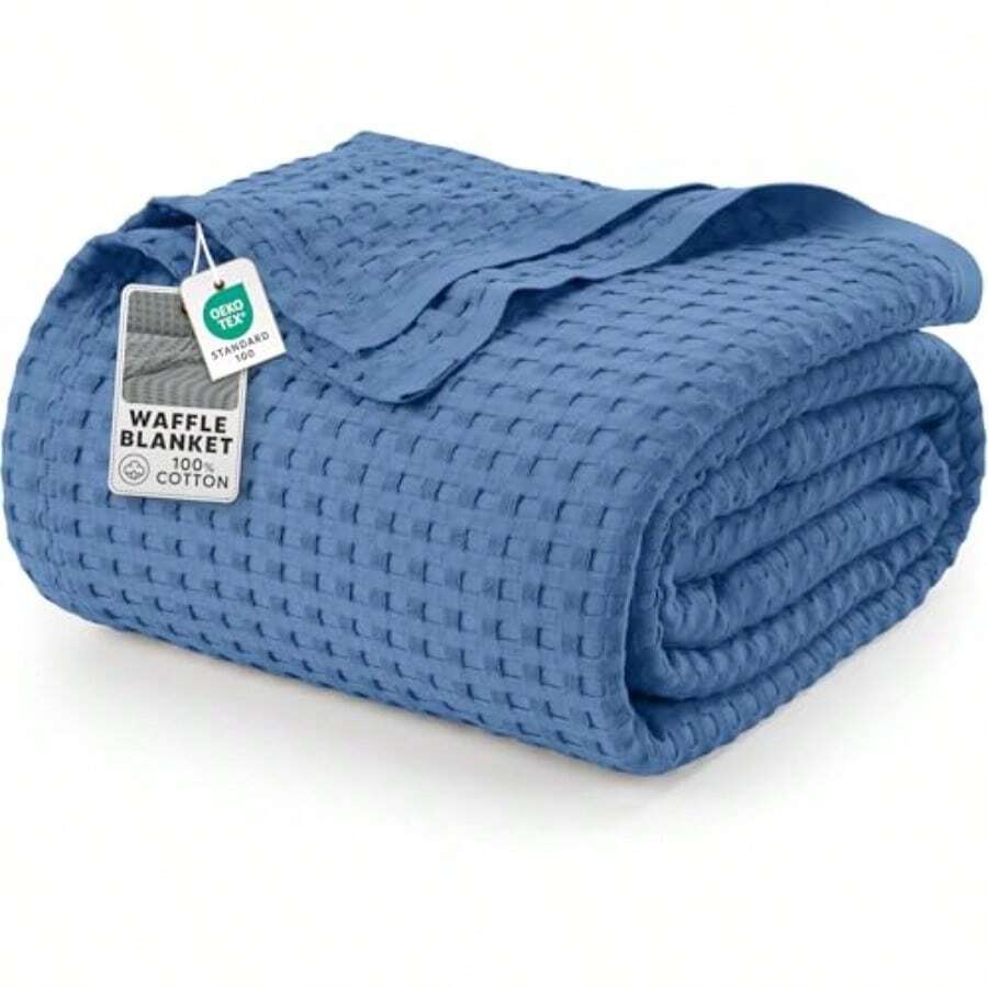 Utopia Bedding - Cobija de algodón de punto gofre suave ligera transpirable para cualquier cama y para todas las estaciones 300 g/m2 Wedgewood tamaño Queen 229 x 229 cm - Azul - Ver 1
