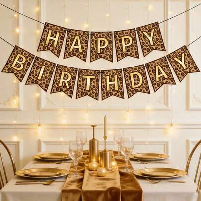 15件套全新豹纹主题派对装饰，棕色生日快乐横幅，三角旗。适合悬挂在主题派对的墙上，优雅的豹纹三角旗，适合生日庆祝活动。也可用作摄影配件、洗礼装饰、道具、嘉年华/万圣节装饰、户外美化、大型活动装饰、婚礼装饰、单身派对和家居装饰。