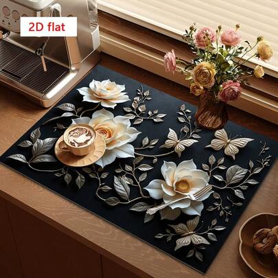 1 tấm lót bát đĩa, tấm lót máy pha cà phê, họa tiết hoa và bướm màu trắng, thấm hút cao, thích hợp cho gia đình và bàn ăn, thảm thoát nước đa năng, quà tặng gia đình, vật trang trí bàn.