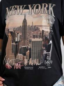 Black Graphic T-Shirt New York City Skyline Print Casual Streetwear Top For Breathable, Sweat-Wicking, And Soft, Suitable For Daily Commutes, Lounging At Home, And Casual Wear. 2026 New Year's Party Street Style Outfits - T-Shirts Anti-Wrinkle Cotton T-Shirt - 黑色 - 查看 2