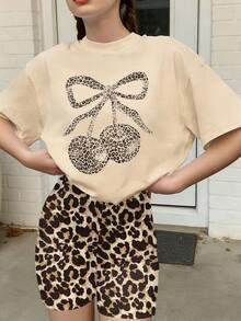 2PCS Y2K Teen Girls Matching Set, Leopard Bow Cherry Print Tee & Biker Shorts, Soft Casual Street Outfit - Apricot - View 9