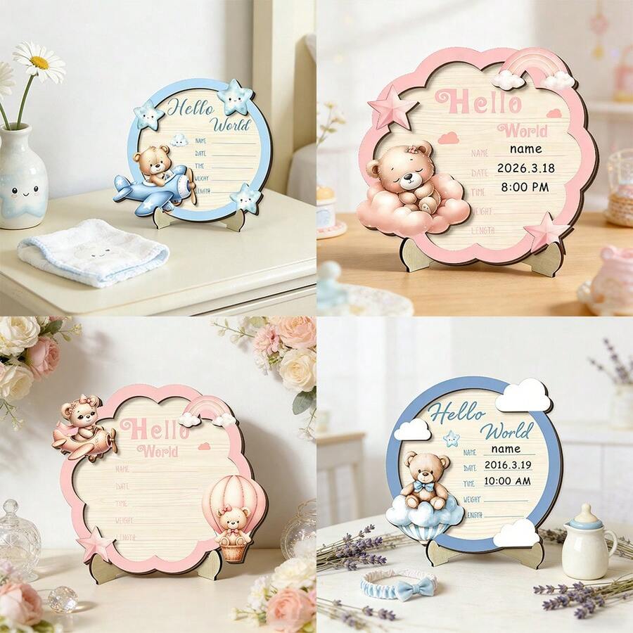 1/4 piezas Letrero de madera 3D "Hola Mundo", Tablero de anuncio de recién nacido, Suministros para fiesta de revelación de género, Decoración de fiesta de cumpleaños, Prop de foto, Regalo pequeño creativo - Tablero de anuncios de madera - Ver 1
