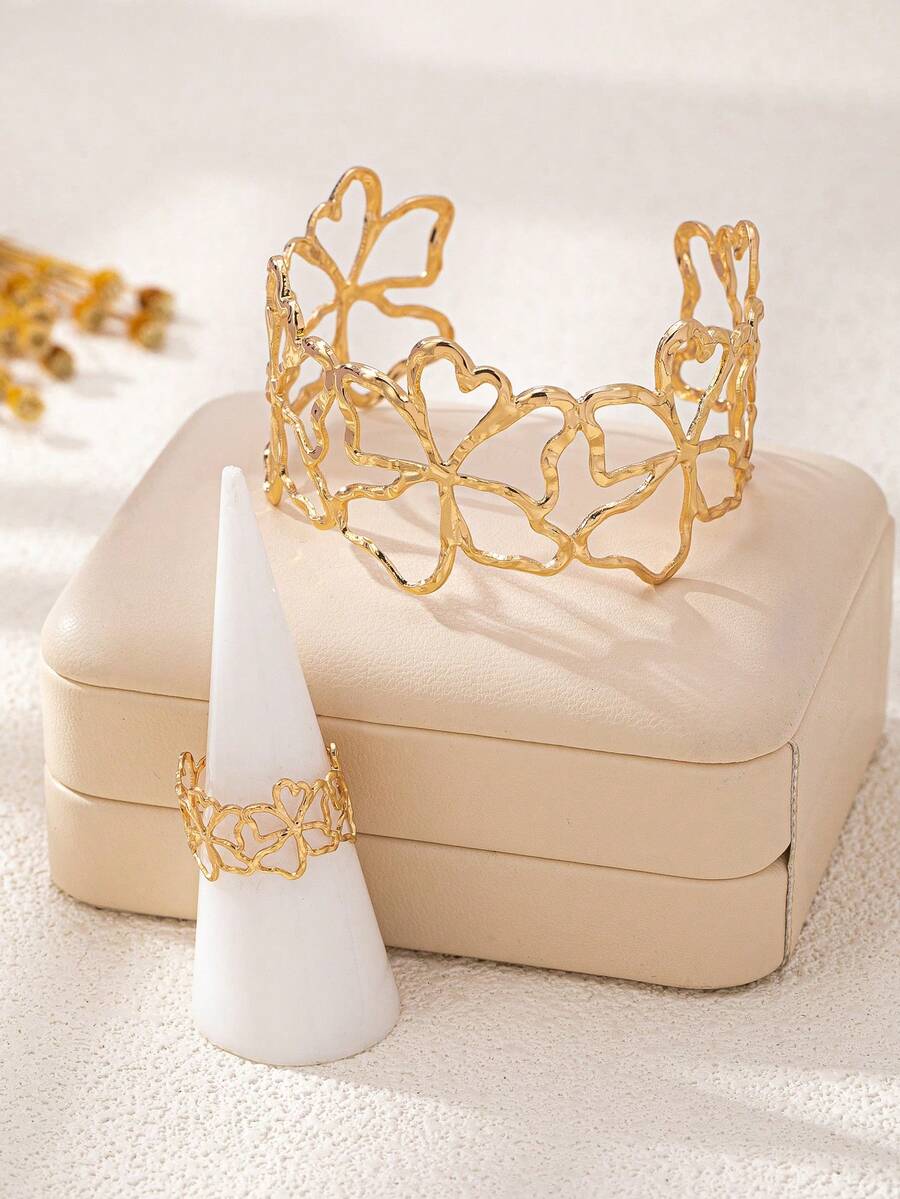 2 piezas Conjunto de joyería retro francés con flores huecas | Accesorios de moda para mujer - Dorado - Ver 1