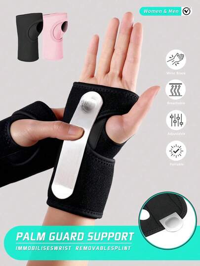 可调节加压护腕，带可拆卸夹板，专业缓解腕管综合征；可拆卸弧形夹板贴合手掌和手腕；黑色和粉色可选；男女通用；适合日常佩戴、夜间加固、运动、旅行、健身、滑雪、足球、减肥、高尔夫；通用可调节设计，左右手腕均适用。