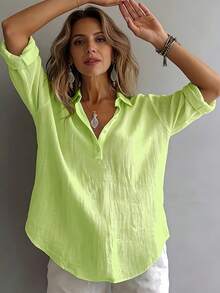 Women'S Elegant And Comfortable Loose Solid Color Long-Sleeve Shirt For Spring And Autumn. A Relaxed Style With A Collar And Half-Button Placket, Perfect For Casual Wear. This Versatile Top Is Suitable For Both Office And Leisure Time - 蒼黃 - 查看 6