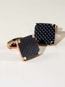 1 đôi khuy măng sét vuông màu đen mạ vàng hồng bằng đồng dành cho nam giới - Hoa hồng vàng - Xem 3