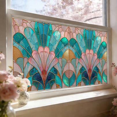 1/5pcs Geometric Fan Pattern Colored Glass Window Film, Retro Mandala Privacy Glass Sticker, Removable Adhesive-Free Glass Decal, Suitable For Bathroom, Front Door, Home Office Decoration