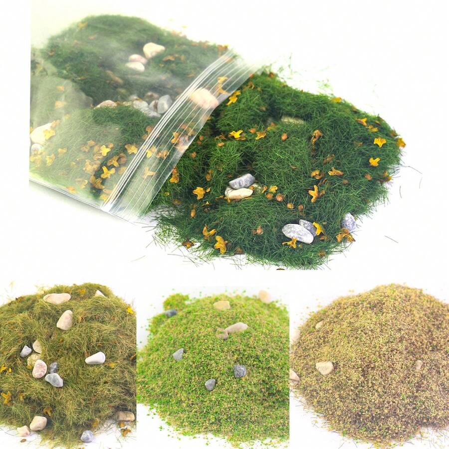Modèle de particules de roche au sol, herbe miniature. Scène DIY faite à la main, correspondant au terrain, à l'herbe, à la fabrication de modèles, à la végétation de la scène, à la table de sable, à la simulation de particules de pierre, à la surface de la montagne de soldat