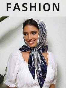 1pc Women's 90cm Paisley Printed Bandana, Simulated Silk Headband, Large Square Scarf, Versatile Hair Band And Headband, Fashion Neck Wrap, Ideal For Dressing Up Your Look, Casual Or Elegant Outfits, Daily Wear, Travel, And Chic Gift Idea - 黑色 - 查看 3