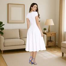 Midi Dress Godê Flared Social Congress Short Sleeve Evangelical Fashion Crepe Mesh - White - View 4