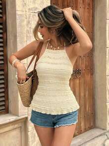 女士露背吊带蕾丝花边层叠吊带背心，后背系带，夏季波西米亚风度假上衣 - 淡黃色 - 查看 1