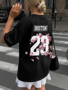 夏季新款休闲扎染花卉图案及数字23印花圆领短袖T恤，时尚百搭女士度假上衣，黑色 - 黑色 - 查看 6