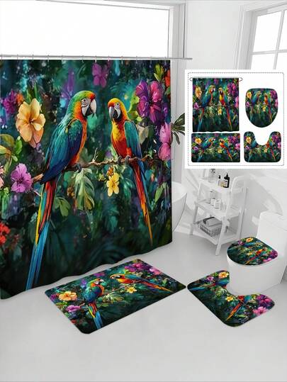 1/4件套特大号蓝头鹦鹉及鹦鹉喙图案印花防水浴室帘套装，宁静舒缓，防水防霉，加厚涤纶材质，免打孔安装，防滑浴垫，吸水马桶垫，数码印花，不易褪色，可机洗，四季皆宜，节日限量版