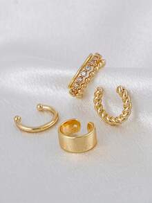 4件套优雅立方氧化锆C形耳环套装，可叠戴耳环，适合女性日常佩戴，铜质首饰 - 金黃色 - 查看 5