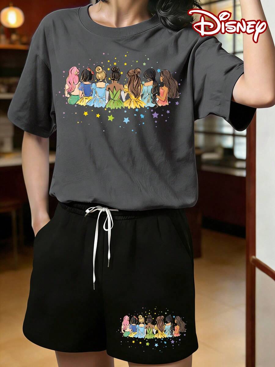 Disney Official Authorization | Women's 2PCS Casual Short-Sleeve T-Shirt & Shorts Set. Inspired By Watercolor Art, It Brings Together The Disney Princess Squad Into A Healing Back-View Painting. Iconic Elements Like Ariel's Pink Hair, Snow White's Red Bow, And Tiana's Green Dress Are Featured, Along With Gradient Rainbow Gowns And Star Accents. The Loose Fit Flatters All Body Types, Making It Versatile And Practical For Daily Outings, And It Is Also An Ideal Choice For Matching Outfits With Girlfriends On Trips Together. - Dark Grey - View 1