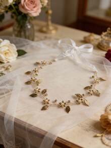 1pc Handmade Golden Pearl Flower Headband, Bridal Wedding Party Accessory - Gold - View 11