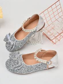 女童银色亮片公主鞋，新款上市，珍珠鞋带，水钻蝴蝶结，儿童演出礼服鞋，花童婚礼鞋 - 銀色 - 查看 1