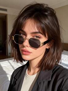 1 pieza Gafas de moda con marco metálico pequeño poligonal, gafas de mujer de estilo callejero de alta gama - Multicolor - Ver 2