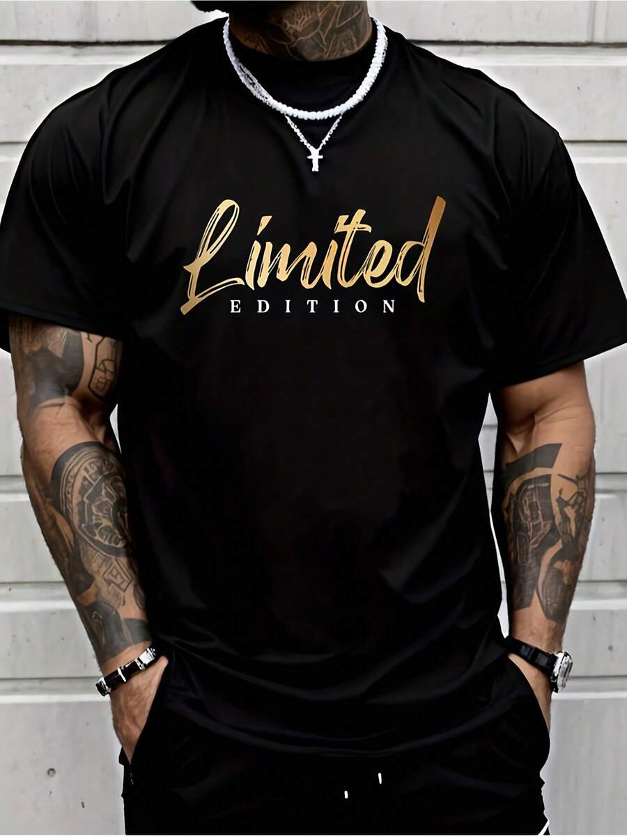 Men's Limited Edition Printed T-Shirt, Black With Gold Lettering, Lightweight Breathable Blend Fabric, Regular Fit, Suitable For Both Casual And Formal Wear, Machine Washable, Essential Basic Piece, Available In Larger Sizes - 黑色 - 查看 1