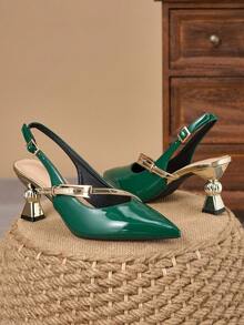 WHDXY Glossy Green Thin Heel Ankle Strap Shoes, Unique Asymmetric Heel Pointed Toe Shoes, Versatile High Heel Sandals For Party & Work - Green - View 4