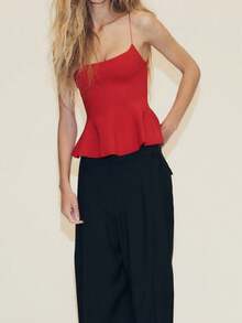 Women's Summer Flared Hem Camisole Fashionable Sleeveless Open Back Solid Color Crop Tops Stylish Spaghetti Strap Slim Fit Side Zipper Up Tops Daily Streetwear - Đỏ - Xem 3