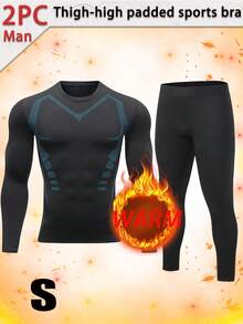 Two Piece Boyfriend Style Men's Set, Men's Compression Set, Quick Drying Fitness Set, Wool Lined Leggings And Pants, Long Sleeved Exercise Training Set, Sports Bra And Leggings, Suitable For Gym Wear, Boyfriend Gift Selection - Black - View 7