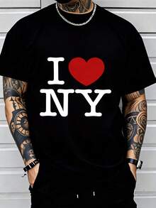 Men's Graphic Oversized Crewneck Cotton T Shirt,  I Love New York Casual Wear, Spring Short Sleeve Loose Fit Tops, Summer Fashion Basic Tees, Funny Clothes Black White Options, Gift For Men - 黑色 - 查看 1