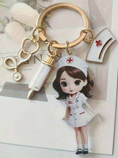 2pcs/Set 2D Flat Party Keychain, Nurse Theme Keychain - Cute Cartoon Nurse With Stethoscope And Red Cross Design, Durable Metal Alloy, Great For Backpacks, Car Keys, Wallets - Ideal Gift For Medical Professionals, Nurse Accessories, Party Favors