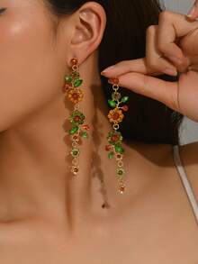 1 par de pendientes de cristal de imitación de moda para mujeres, pendientes ovalados exagerados completamente pavimentados con rhinestones, adecuados para bodas, banquetes, fiestas - Borlas de flores - Ver 6