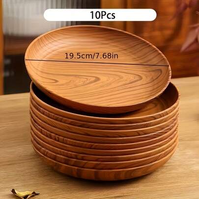 1/4/10pcs Creative Wood Grain Pattern Plates - Plastic Round Striped Design | Home, Dessert Shop, Snack & Fruit Tray, Cup & Tea Tray Storage | Commercial Cake & Dessert Serving | Microwave/Dishwasher/Refrigerator