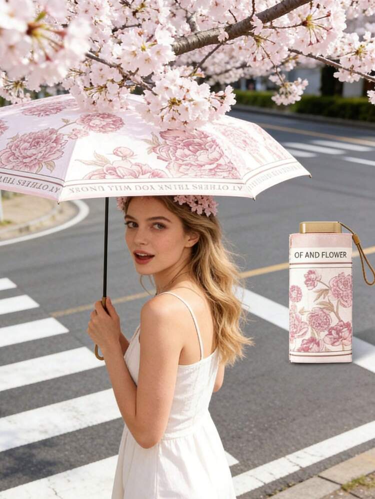 艺术花卉印花女士雨伞，油画风格印花雨伞，防晒防雨迷你旅行伞，轻便易携，防紫外线，可折叠，适合各种天气条件，紧凑型女士遮阳伞，防风防雨。 - 彩色 - 查看 1