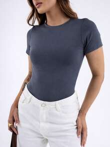 Women's Blouse In Spandex, Short Sleeve, Basic, Simple, Casual, Elegant - 灰色 - 查看 2