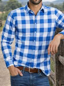 Men's Checkered Shirt, Comfortable Fashion, Long Sleeve, Country Style, June Festival, July Festival, Saint John's Day - Xanh nhạt - Xem 2