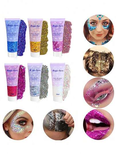 2pcs Chameleon Gold Body Glitter, Women's Carnival Costume, Color Changing Face Glitter, Large Glitter Face Paint, Holographic Glitter Sequins (For Face, Body & Hair), Makeup Brush Included, Festival Party Glitter Makeup Costume Prop, Cosplay, Halloween