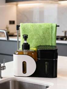 四合一厨房皂液器套装，包含液体皂液器、带海绵架的洗洁精泡沫器、厨房收纳架，以及水槽和台面清洁用品。 - A - 查看 2