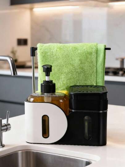 四合一厨房皂液器套装，包含液体皂液器、带海绵架的洗洁精泡沫器、厨房收纳架，以及水槽和台面清洁用品。