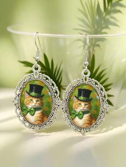 圣帕特里克节姜黄色猫咪高顶礼帽和绿色蝴蝶结吊坠耳环 - 复古椭圆形镂空爱尔兰三叶草女士首饰