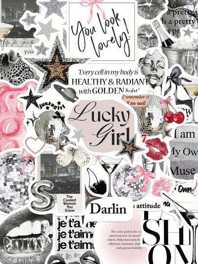 50pcs Silver Lucky Girl Stickers, Waterproof Cartoon Gift Decorative Stickers For Scrapbooking, Notebook, Laptop, Luggage, Guitar, Water Bottle, Phone Case, DIY