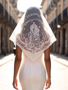 1pc Women's New White Virgin Mary Embroidered Triangular Scarf, Fashionable Versatile Lightweight Shawl, Headscarf, Bridal Veil - Multicolor - View 9