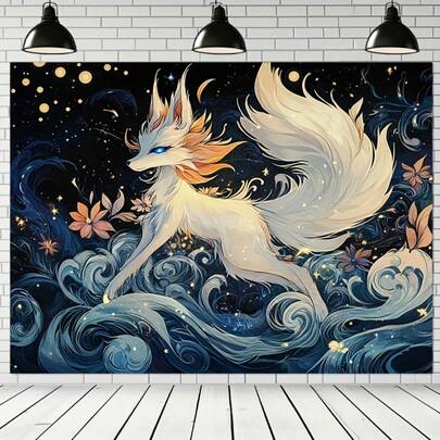 1pc 9-Tailed Fox Backdrop Fabric - Elegant & Fox With Golden Eyes, Dark & Golden Accents - No Electricity Needed, Perfect For Photography Studio, Party Decorations, And Home Wall Art - Polyester Material, Fox Decor