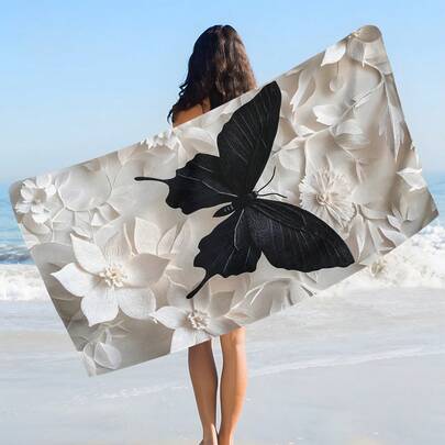 1条蝴蝶印花沙滩巾，柔软舒适轻便，适合旅行、游泳、潜水、冲浪、瑜伽、露营等户外活动，是沙滩用品的理想之选。