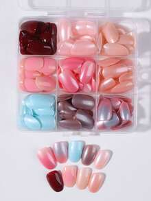 216 piezas (9 colores mixtos/caja) Pegatinas de uñas cortas ovaladas mágicas metálicas brillantes, juego de uñas postizas acrílicas de ajuste perfecto, diseño de degradado colorido y metálico, incluye 1 pegamento y 1 lima de uñas, adecuado para uso diario y de fiesta de mujeres - Multicolor - Ver 3