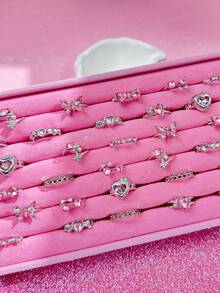 10pcs/Set Elegant High-End Unique Exquisite Fashion Pink Crystal Rings, Butterfly & Heart Shaped, Romantic Date Gift, Daily Wear Jewelry - Pink - View 2