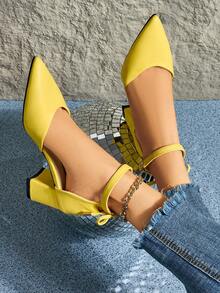 Women's Pointed Toe Suede Hollow Out Bowknot Chunky Heel Pumps, Versatile For Daily, Work, Business, Commute, Black, Plus Size - Lemon Yellow - View 7