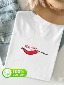 女士简约100%纯棉火红辣椒图案圆领短袖休闲春夏女式上衣，时尚百搭的白色优雅T恤，适合派对、度假、日常穿着。 - 白色 - 查看 6