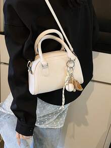 1pc Women's Retro Fashion Bowling Bag Simple Solid Color Handbag Versatile Shoulder Crossbody Bag Suitable For Work, Commuting - White - View 5