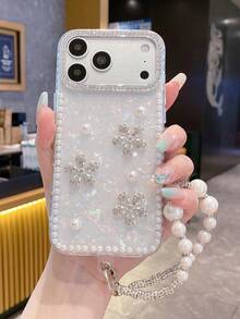 Luxury Rhinestone Flower Pearl Butterfly Shell Pattern Phone Case + Rhinestone Chain Strap, Suitable For IPhone 17 Pro Max/16/15/14/13/12/11, Pearl Rhinestone Phone Lanyard - Multicolor - View 2