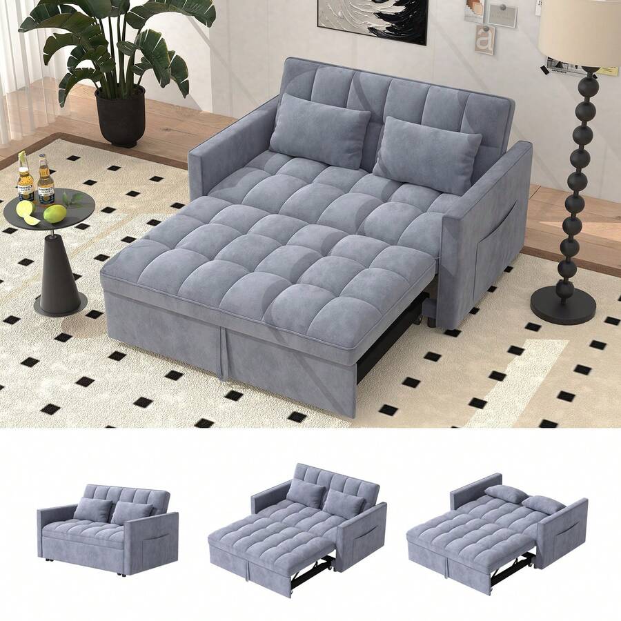 51.18" Velvet Convertible Sleeper Sofa,3-In-1 Loveseat Futon Sofa Bed With Adjustable Backrest For Living Room,Bedroom,Small Spaces,Grey - Xám - Xem 1