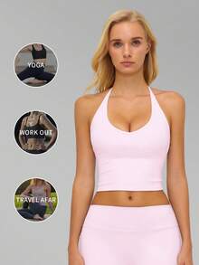 MFVIM Women's Halter Sports Top, Fashionable Breathable Comfortable Casual Sports Tank Top - Baby Pink - View 6